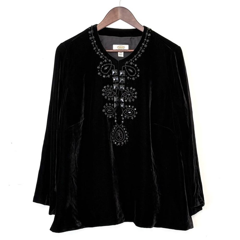 Talbots Velvet Beaded Blouse Women 14W Petite Black Silk Blend Holiday Evening